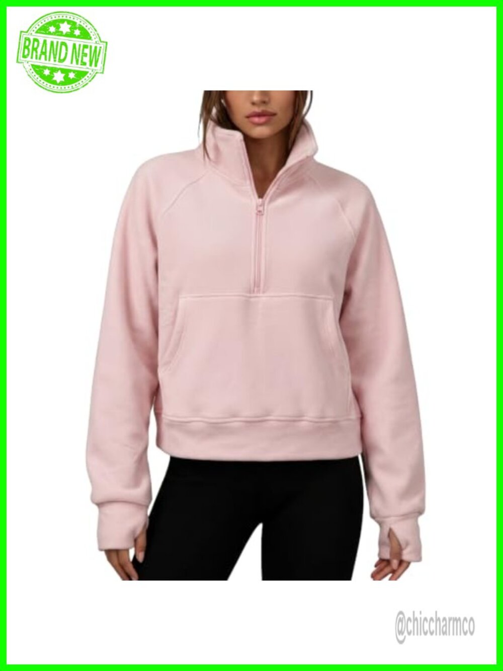 Sherpa Fleece Half Zip Cropped Sweatshirt Funnel Neck Kangaroo Pocket Loose Fit